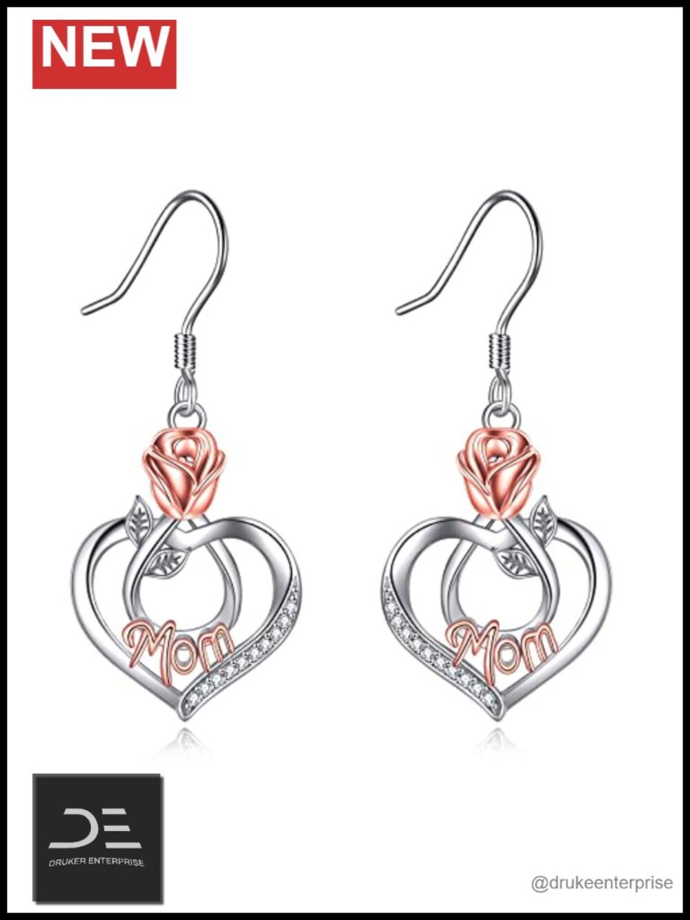 925 Sterling Silver Mom Earrings Rose Flower Heart Crystal Dangle Drop